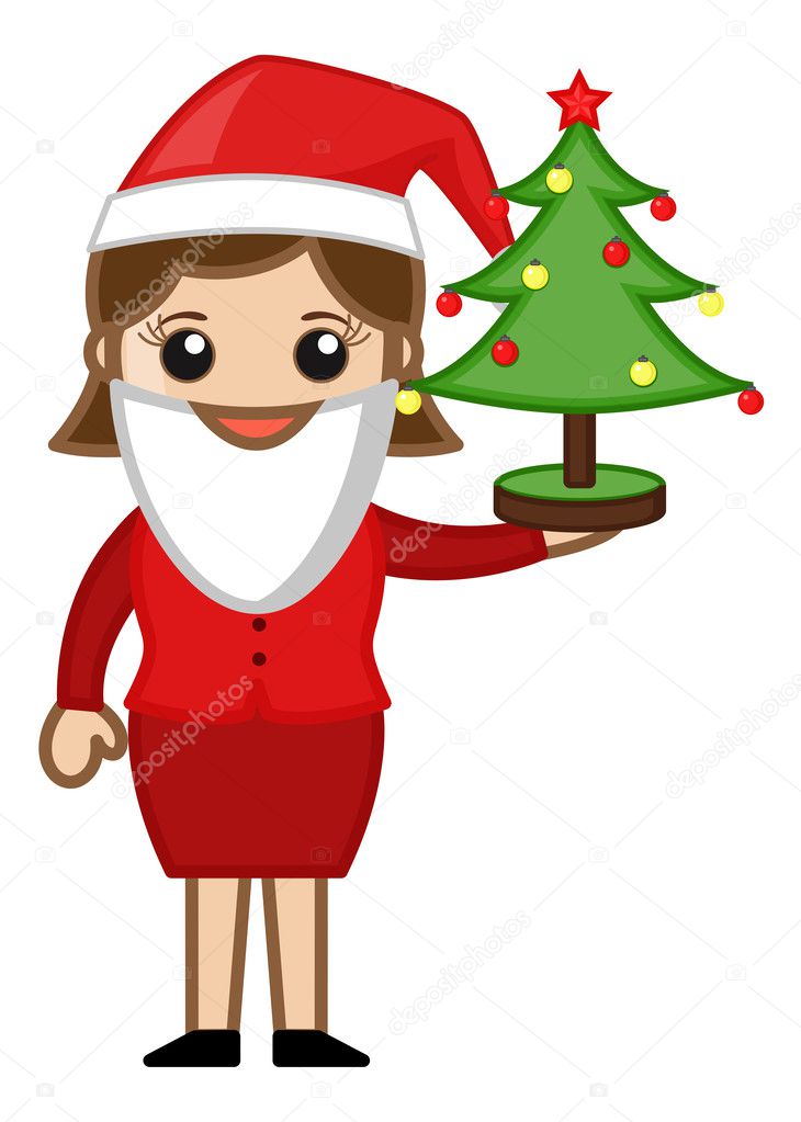 Female christmas cartoon characters | Female Santa Presenting Xmas Tree