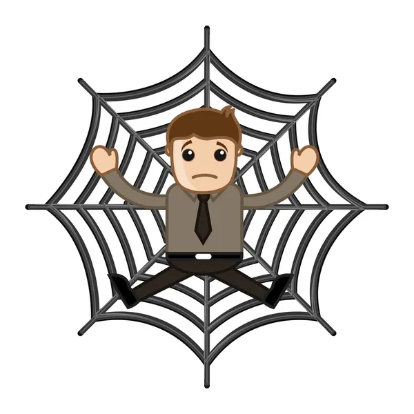 Mann steckt im Spinnennetz fest - Zeichentrickfiguren — Stockvektor