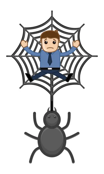 Terjebak dalam Spider Web - Karakter Kartun Bisnis - Stok Vektor