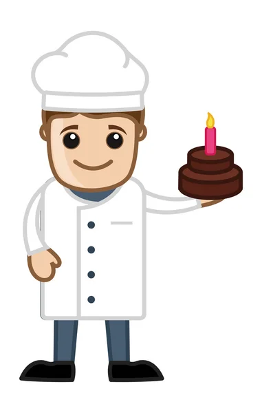 Chef présentant gâteau d'anniversaire - personnage vectoriel d'affaires de bande dessinée — Image vectorielle