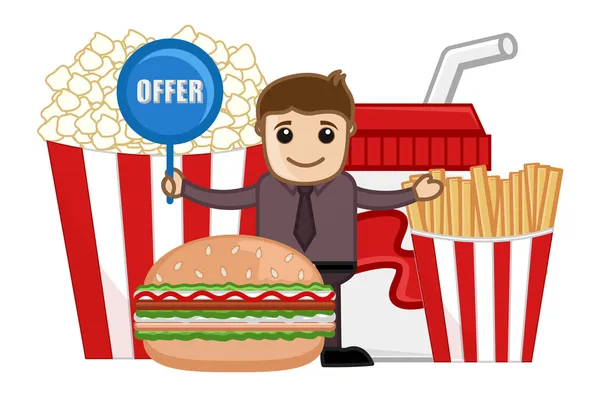 Offre et vente de restauration rapide - Caractère vectoriel d'affaires de bande dessinée — Image vectorielle