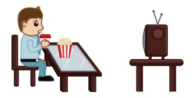 popcorns gıda - karikatür iş vektör karakter ve soğuk içecek yaparken TV izliyor man