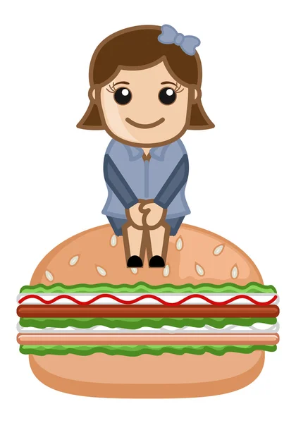 Female with Burger - Cartoon Business Vector Character — Stock Vector