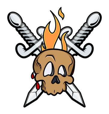 Skull tattoo ile çapraz kılıç ve alev - vektör çizim