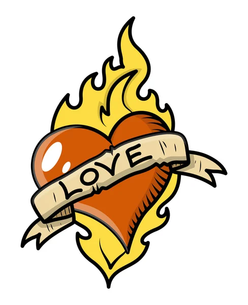 Ретро-татуировка любви с сердцем, пламенем и винтажным знаменем - векторная иллюстрация — стоковый вектор