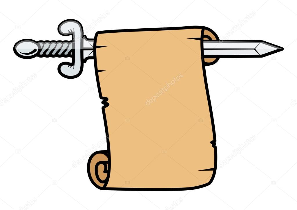 Blank Scroll Parchment with Sword - Vector Illustration