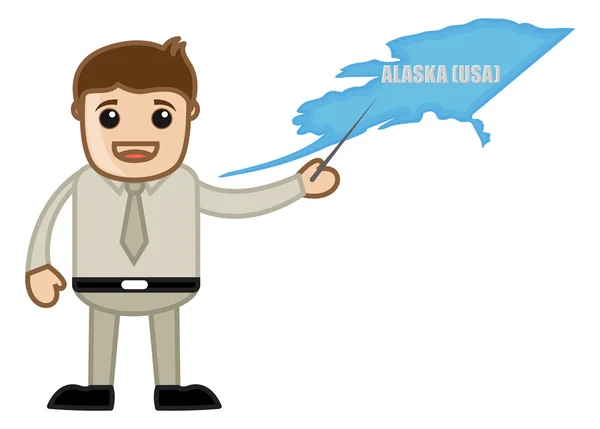 アラスカ州の地図 - ビジネス オフィスの漫画のキャラクターを示す — ストックベクタ