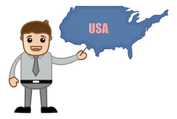 Zeigt USA-Karte - Business Office Cartoon-Figur — Stockvektor