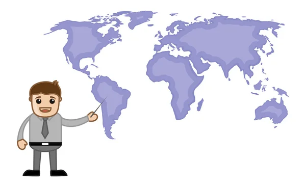 Señalando mapa del mundo - Oficina de Negocios Personaje de dibujos animados — Vector de stock
