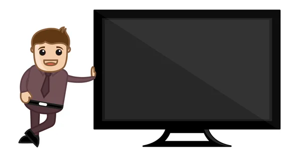 Uomo in piedi con la TV - Concetto di presentazione - Vettori di cartoni animati aziendali — Vettoriale Stock