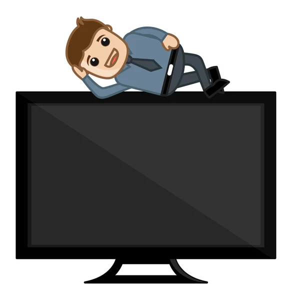 Uomo sdraiato sullo schermo della TV - Concetto di svago - Cartoni animati aziendali — Vettoriale Stock