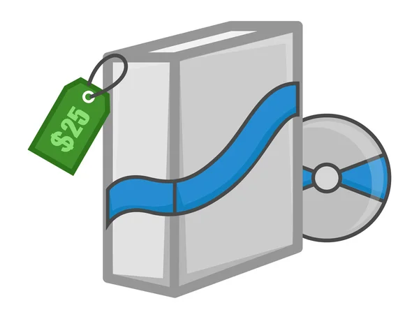 Caixa de software com CD e preço Tag - Estilo dos desenhos animados —  Vetores de Stock