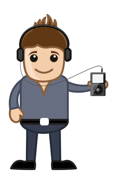 Listening Music via MP3 Player - Business Cartoons — стоковый вектор