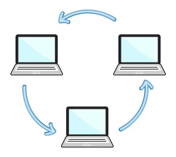 Ordinateur portable de processus connecté sans fil - Personnages de bande dessinée d'affaires vectoriel — Image vectorielle