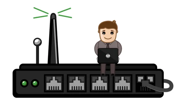 Router inalámbrico Wi-Fi conectado portátil - Vector de personajes de dibujos animados de negocios — Archivo Imágenes Vectoriales