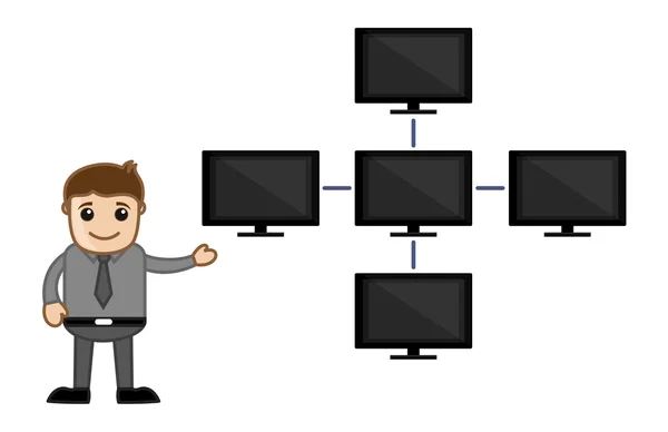เครือข่ายผ่านเซิร์ฟเวอร์และคอมพิวเตอร์ไคลเอ็นต์ - ตัวละครการ์ตูนธุรกิจเวกเตอร์ — ภาพเวกเตอร์สต็อก