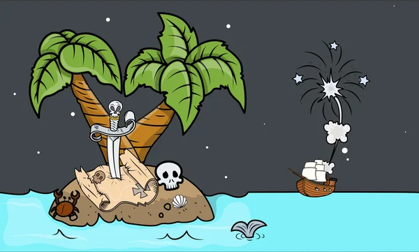 Piratas llegando a una isla - Ilustración de dibujos animados vectorial — Vector de stock