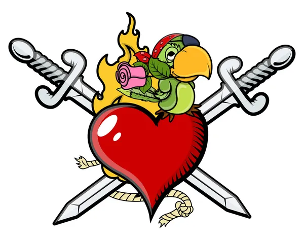 Korsade svärd hjärta valentine pirater tattoo - vektor tecknad illustration — Stock vektor