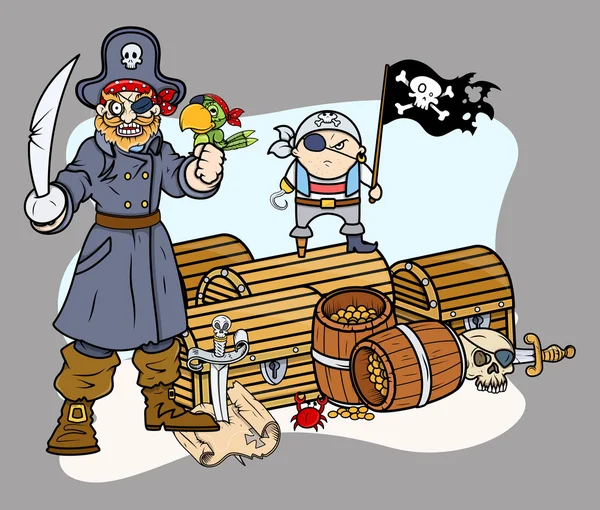 Capitano pirata nero e squadra con tesoro - Vettore illustrazione dei cartoni animati — Vettoriale Stock
