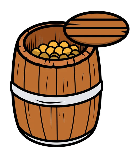 Oude houten vat gevuld met gouden munten - cartoon vectorillustratie — Stockvector