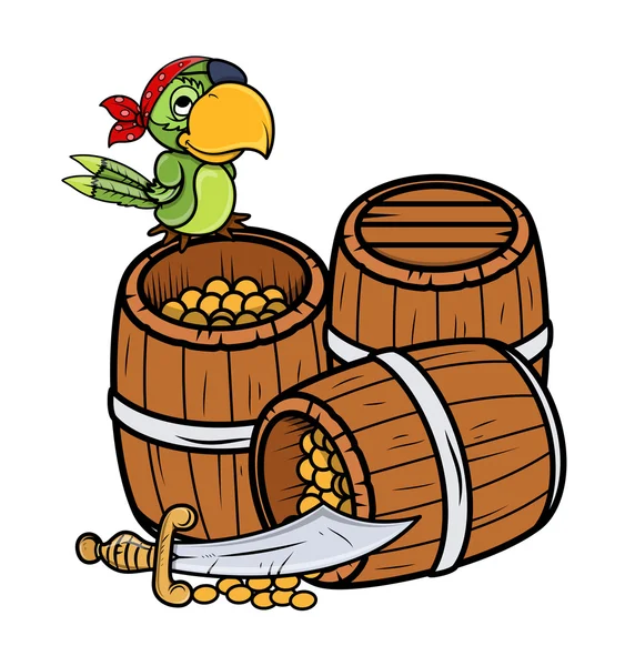 Treasure and Pirate Parrot - Vector Cartoon Illustration — Stock Vector