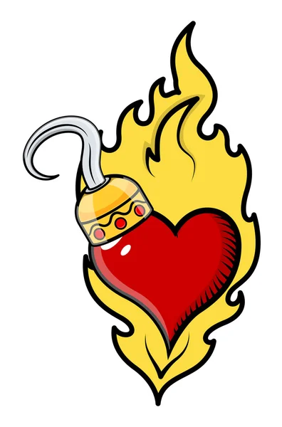 Tatuaje de corazón ardiente con gancho pirata - Vector ilustración de dibujos animados — Vector de stock