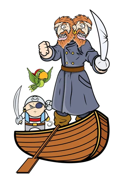 Capitán y equipo pirata en barco - Vector ilustración de dibujos animados — Vector de stock