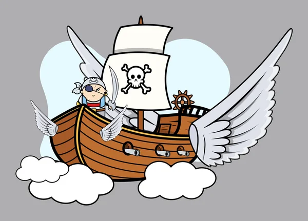 Barco pirata volador - Vector ilustración de dibujos animados — Archivo Imágenes Vectoriales