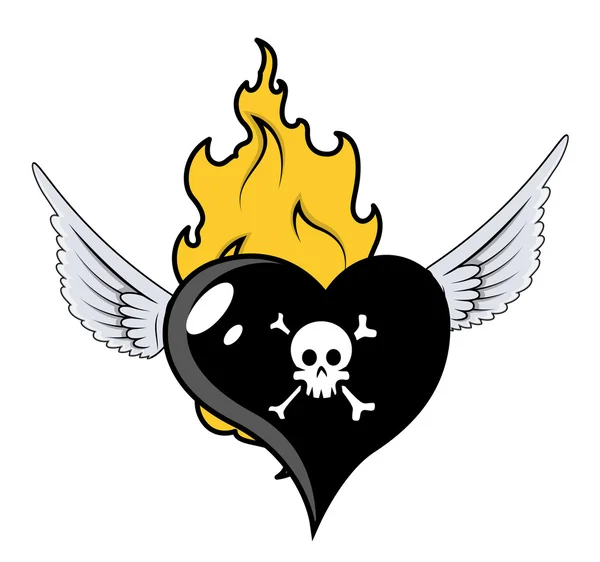 Corazón negro ardiente y volador - Vector ilustración de dibujos animados — Vector de stock