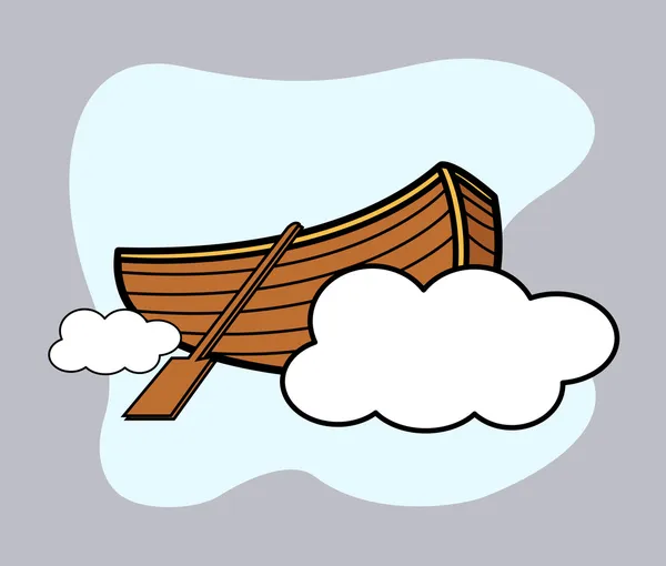 Vecchia barca di legno galleggiante sopra la nuvola - illustrazione del fumetto vettoriale — Vettoriale Stock