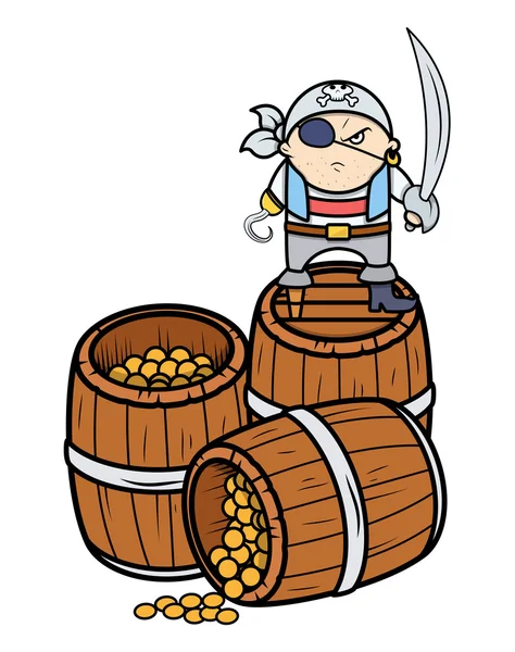 Cute Angry Pirate Captain with Treasure - Vector Cartoon Illustration — Stock Vector