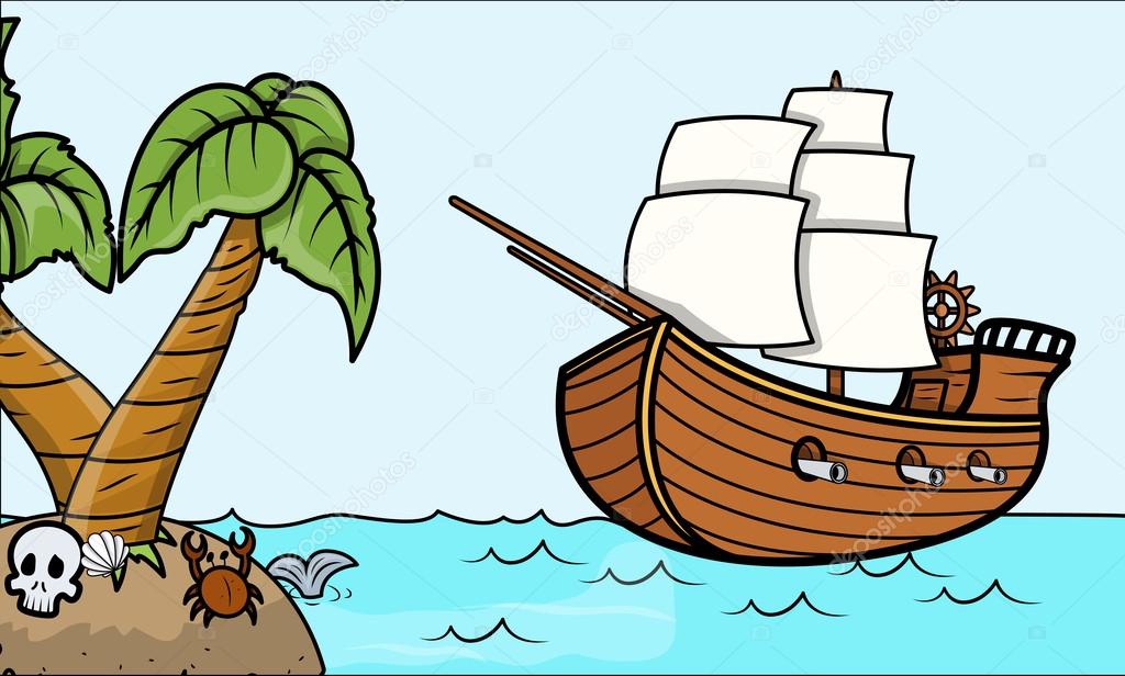 Pirate Ship and Tropical Island - Vector Cartoon Illustration
