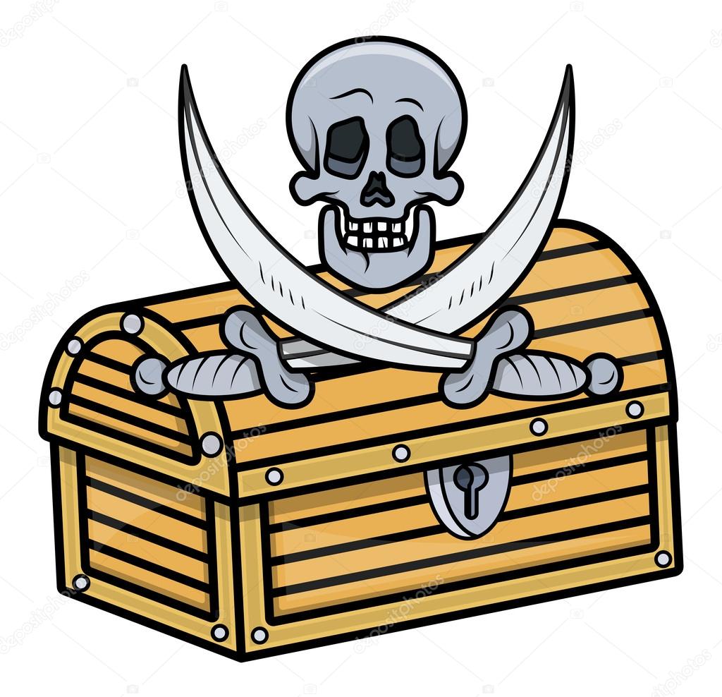 Treasure Box with Skull and Crossed Sword Vector Cartoon Illustration