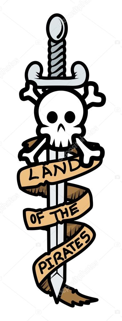 Land of The Pirates Banner Sword and Skull - Vector Cartoon Illustration