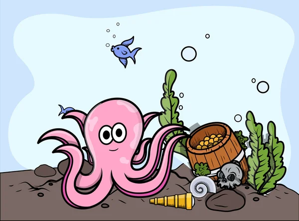 Octopus kanssa uponnut aarre - Vector Illustration — vektorikuva