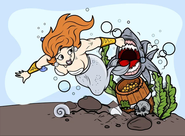 Shark Attack to The Mermaid - Vector Illustration — Stock Vector