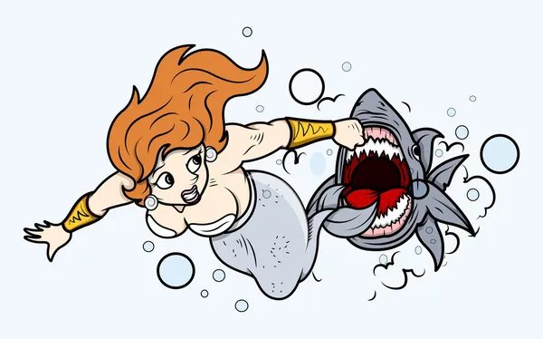 Shark Attack to Mermaid Under Sea - Vector Illustration — Stock Vector