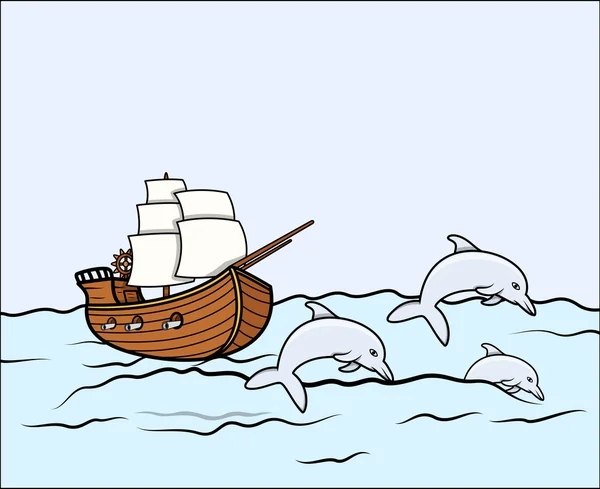 Ancient Ship with Dolphins - Vector Illustration — Stock Vector