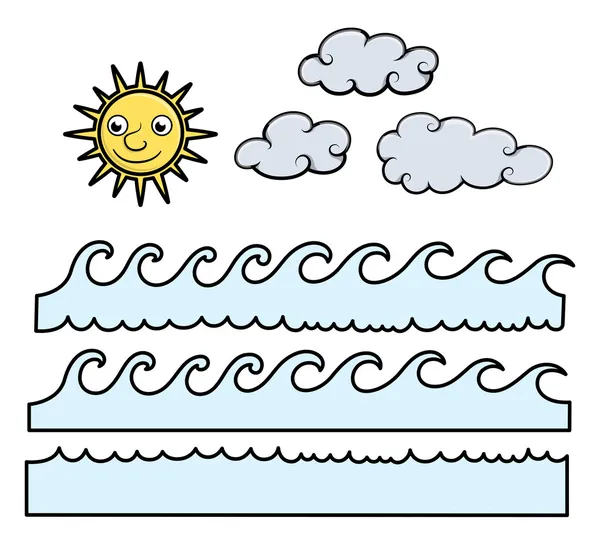 Ondas dos desenhos animados, Sol e nuvens - ilustração vetorial dos desenhos animados — Vetor de Stock