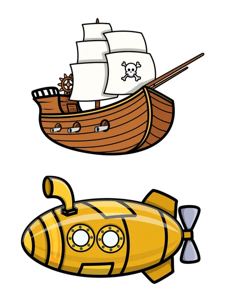 Old Pirate Ship and Submarine - Cartoon Vector Illustration — Stock Vector