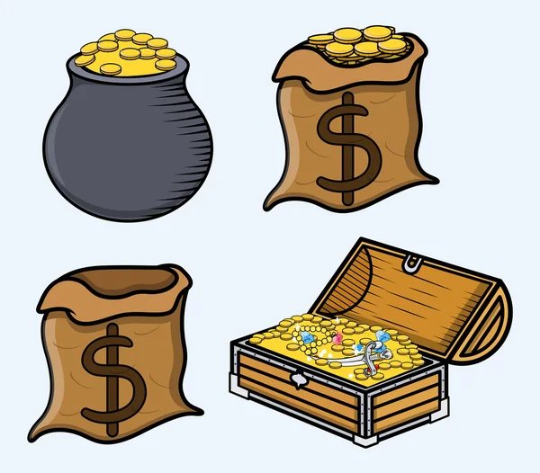 Treasure Boxes and Bags - Cartoon Vector Illustration — Stock Vector