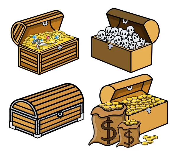 Kofferbak en dozen van treasure en schedels - cartoon vectorillustratie — Stockvector