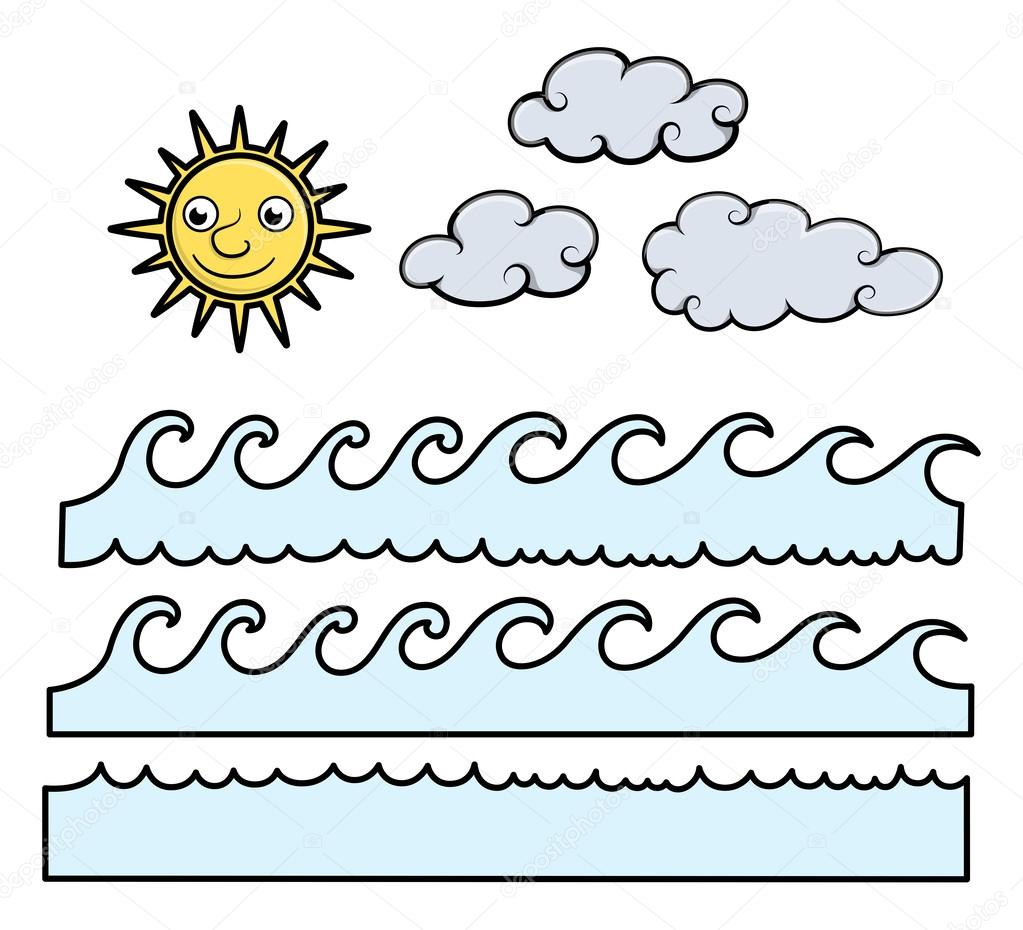 Cartoon Waves, Sun and Clouds - Cartoon Vector Illustration