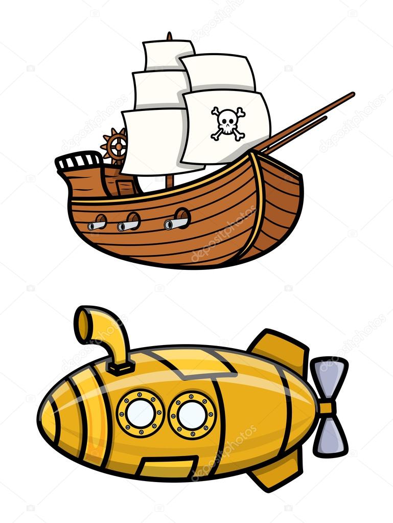 Old Pirate Ship and Submarine - Cartoon Vector Illustration Stock