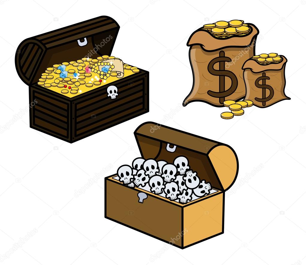 Treasure and Skull Filled Trunks and Bag of Coins - Cartoon Vector Illustration