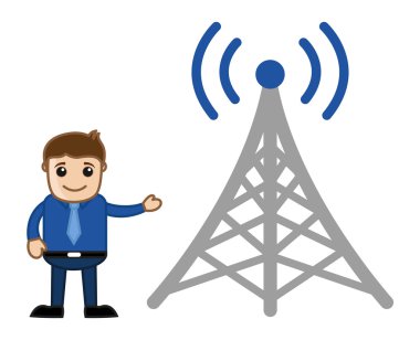 Man Standing with Mobile Wireless Tower - Business Cartoon clipart