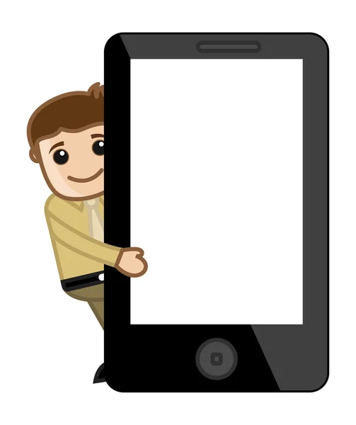 Man Presenting Slideshow on Phone Tablet Mobile Device - Business Cartoon — Stock Vector