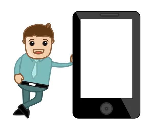 Uomo in piedi con un dispositivo Tablet Phone vuoto - Cartone Animato aziendale — Vettoriale Stock