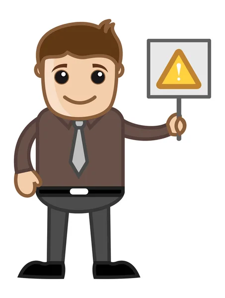 Personagem de negócios de desenhos animados - Homem de pé com sinal de alerta — Vetor de Stock