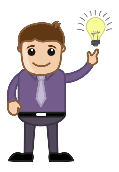 Cartoon Business Character - Got an Idea - Bulb Lit Up — Stock Vector